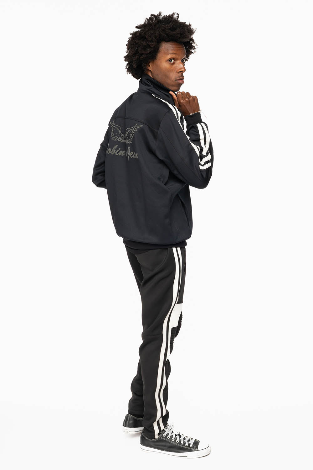 BIKER STYLE JOGGER IN BLACK WITH WHITE STRIPES