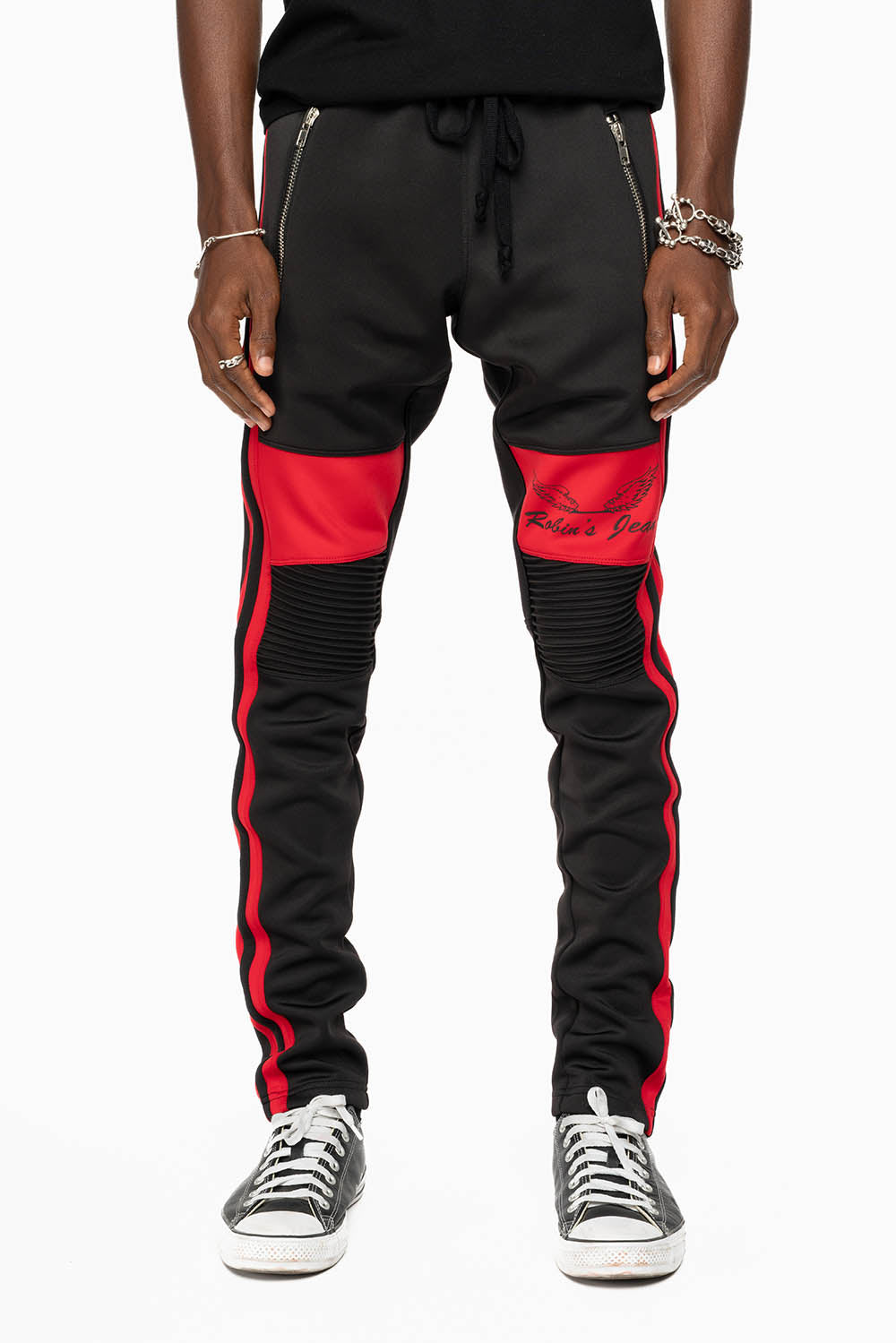 BIKER STYLE JOGGER IN BLACK WITH RED STRIPES