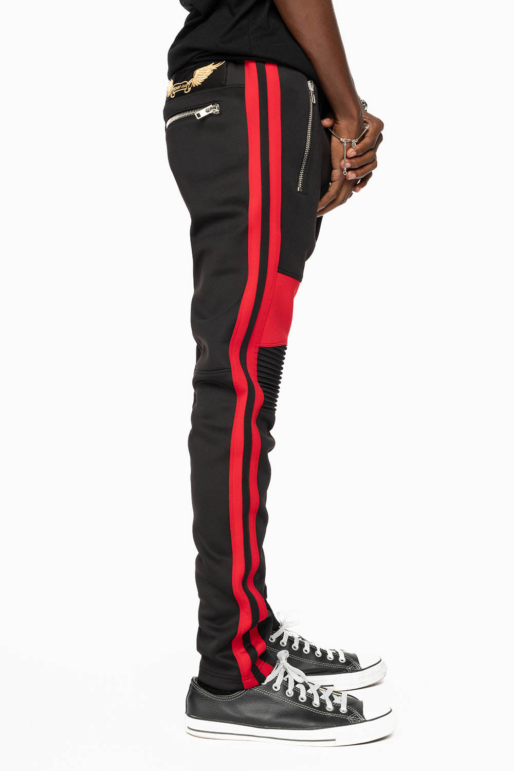 BIKER STYLE JOGGER IN BLACK WITH RED STRIPES