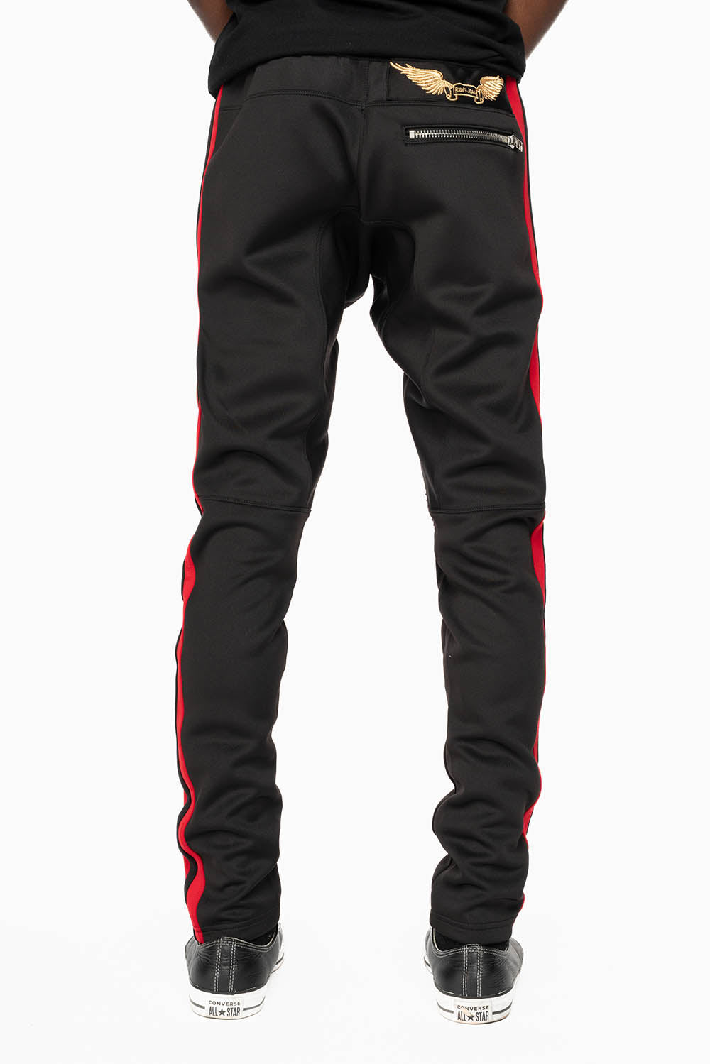 BIKER STYLE JOGGER IN BLACK WITH RED STRIPES