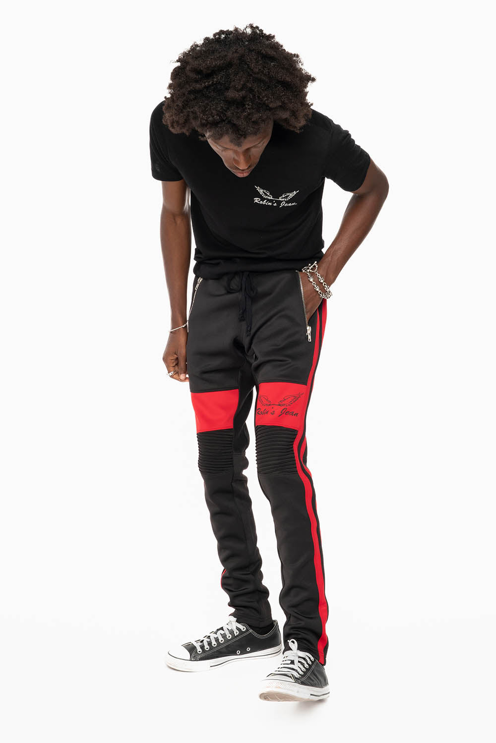 BIKER STYLE JOGGER IN BLACK WITH RED STRIPES