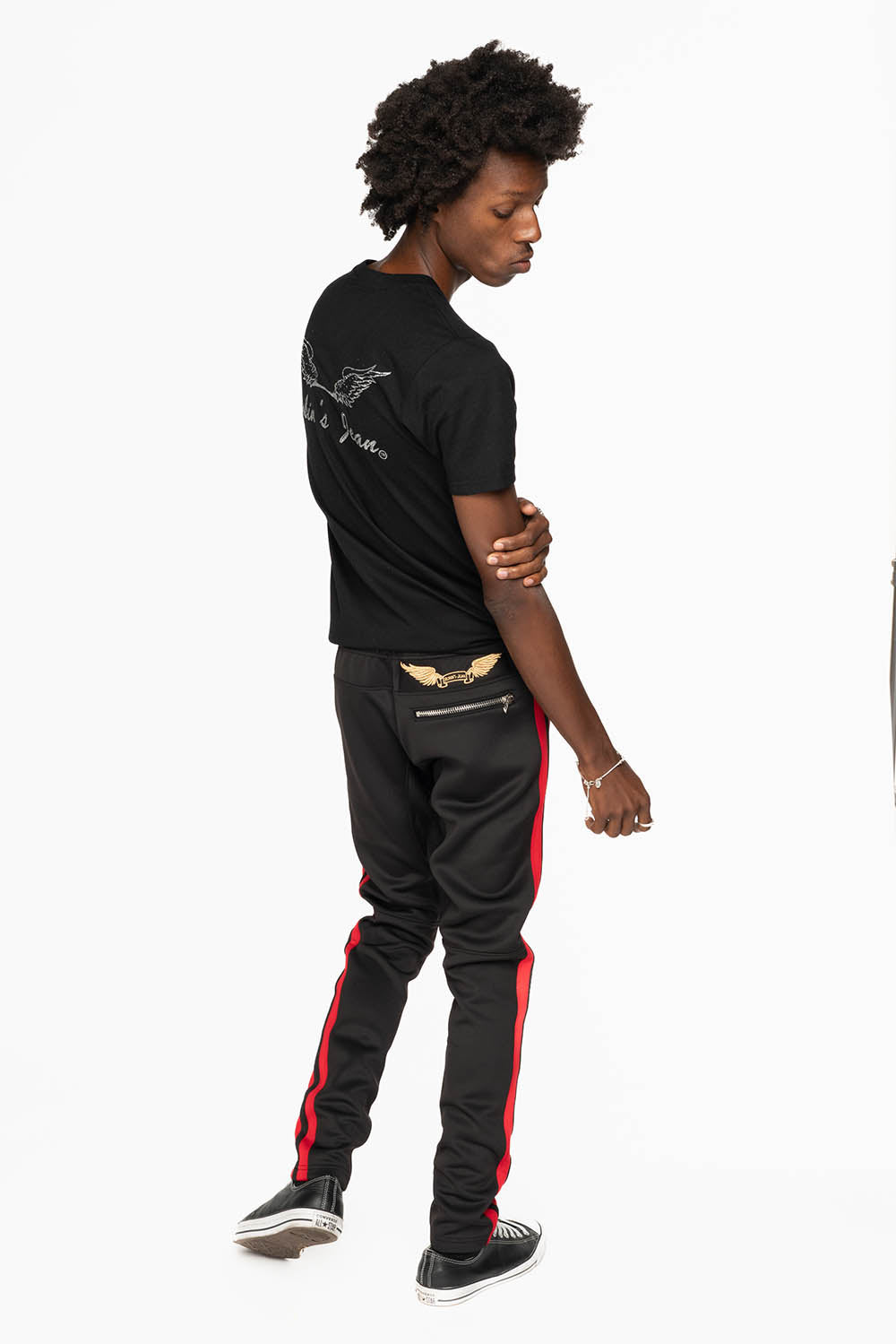 BIKER STYLE JOGGER IN BLACK WITH RED STRIPES