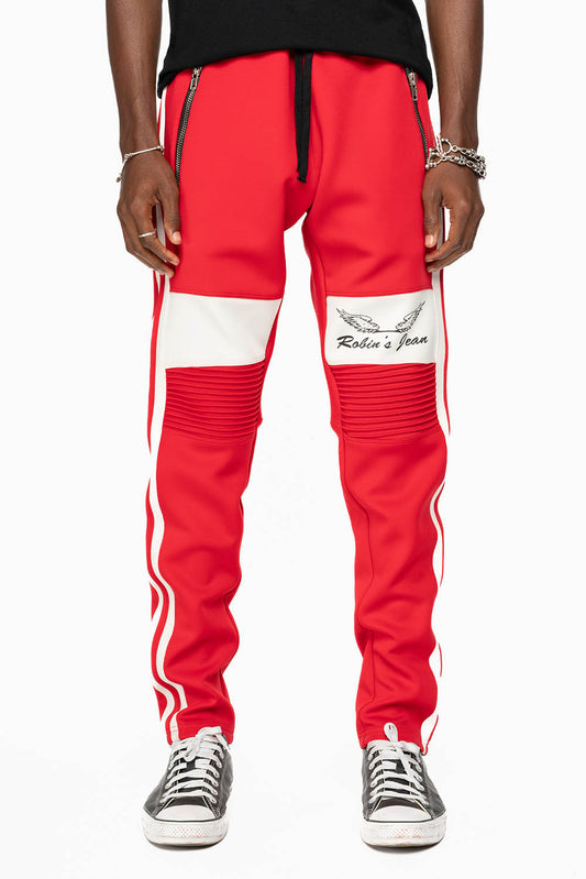 BIKER STYLE JOGGER IN RED WITH WHITE STRIPES