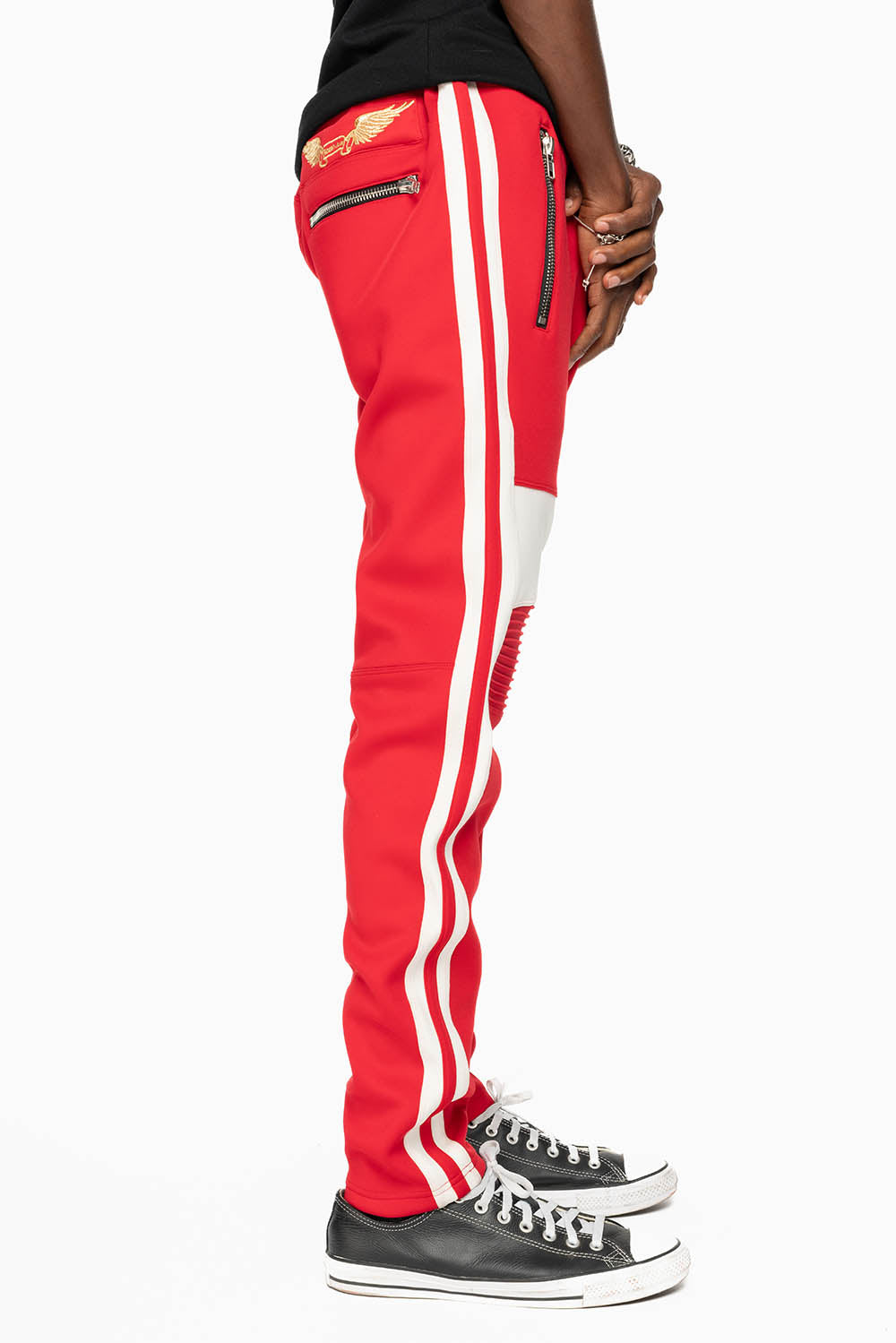 BIKER STYLE JOGGER IN RED WITH WHITE STRIPES