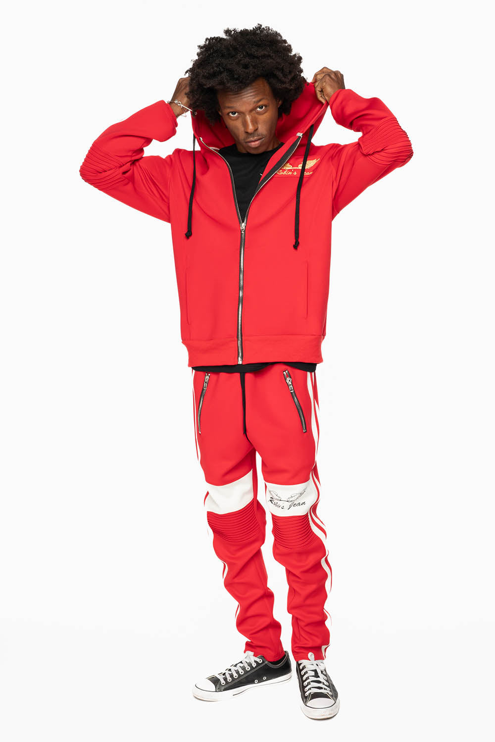 HOODED TRACK JACKET IN RED WITH WHITE STRIPE