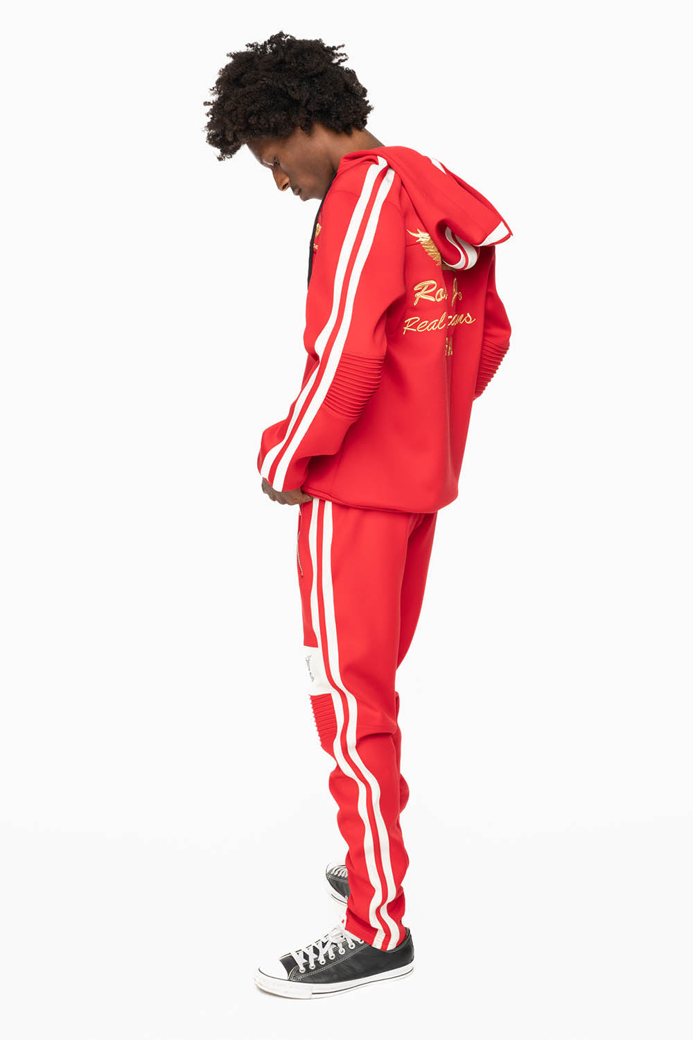 HOODED TRACK JACKET IN RED WITH WHITE STRIPE