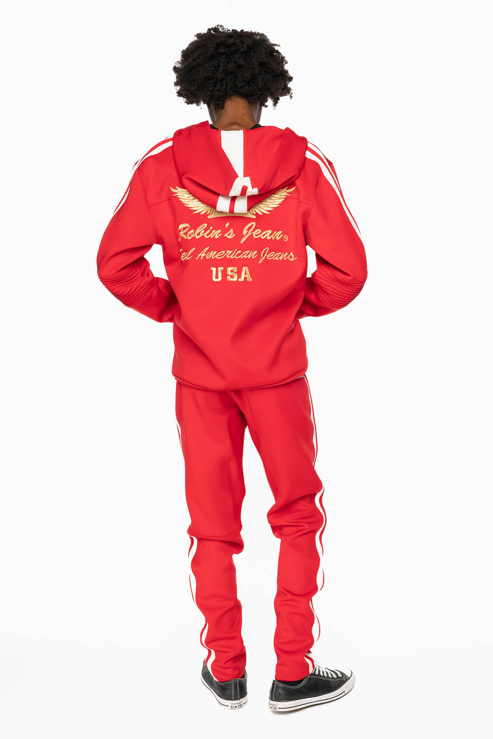 HOODED TRACK JACKET IN RED WITH WHITE STRIPE