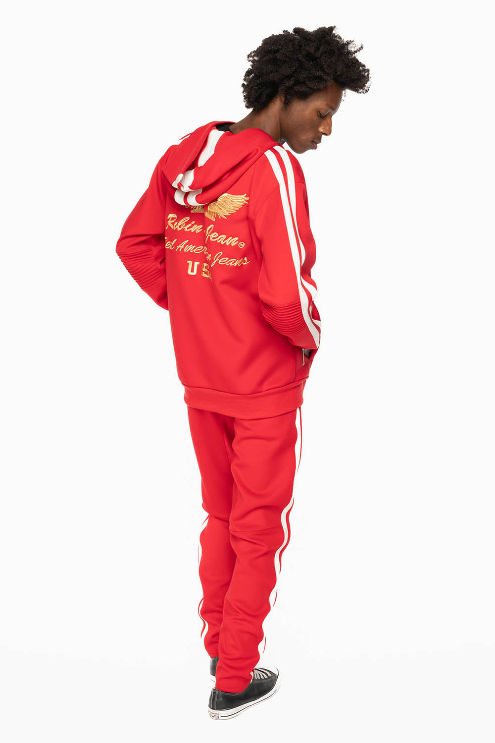 HOODED TRACK JACKET IN RED WITH WHITE STRIPE
