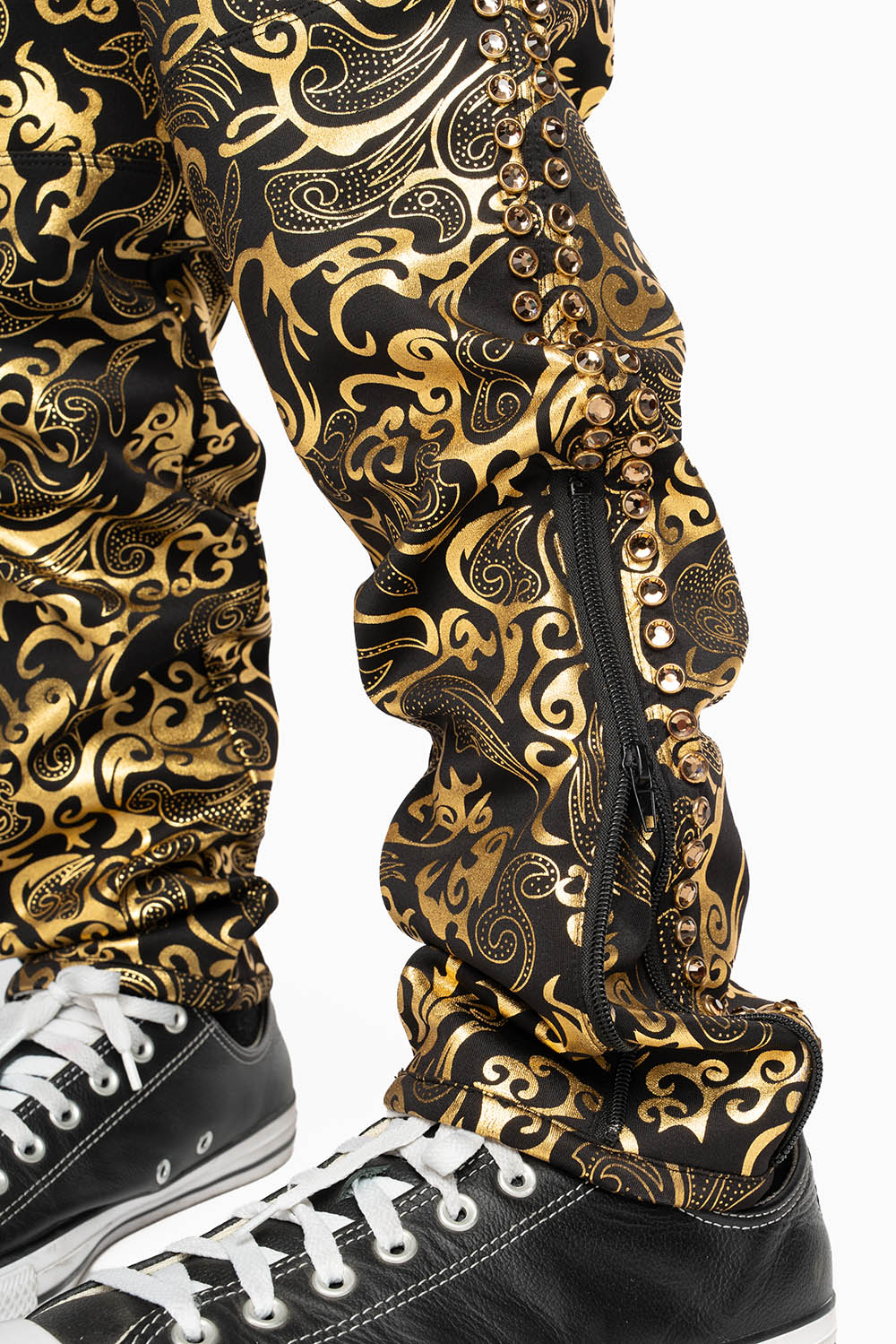CLOUD JOGGER IN GOLD/BLACK PRINT EMBELLISHED WITH LARGE CRYSTALS