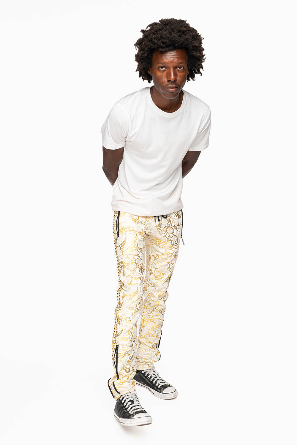 CLOUD JOGGER IN GOLD/WHITE PRINT EMBELLISHED WITH LARGE CRYSTALS