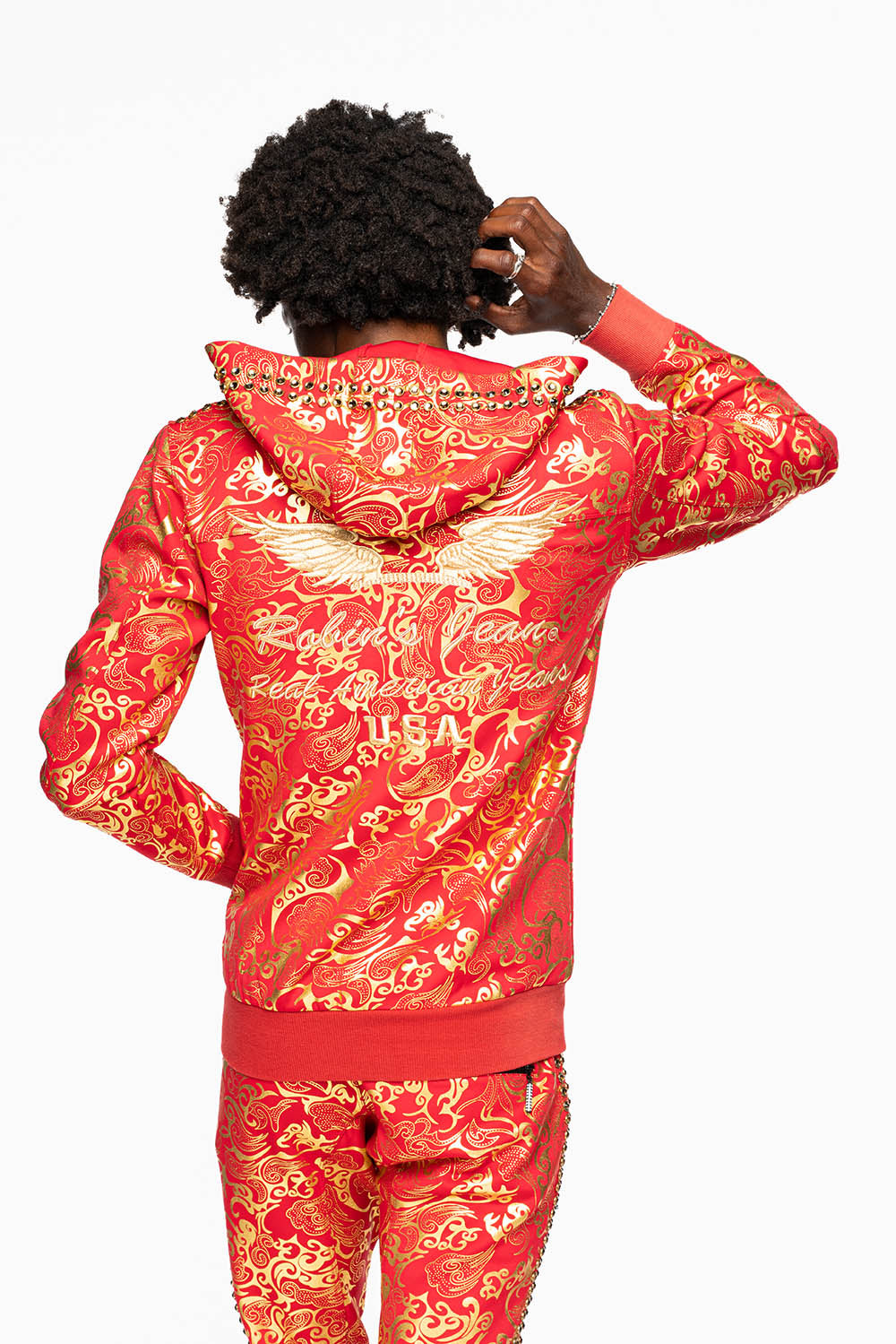 HOODED TRACK JACKET IN GOLD/RED PRINT WITH LARGE CRYSTALS