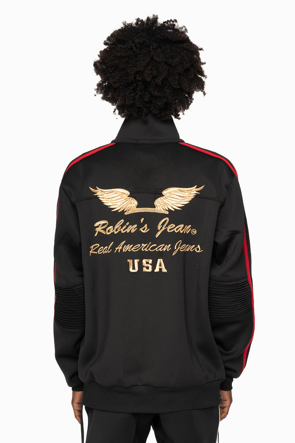 TRACK JACKET IN BLACK WITH RED STRIPE AND GOLD ROBIN’S LOGO EMBROIDERY