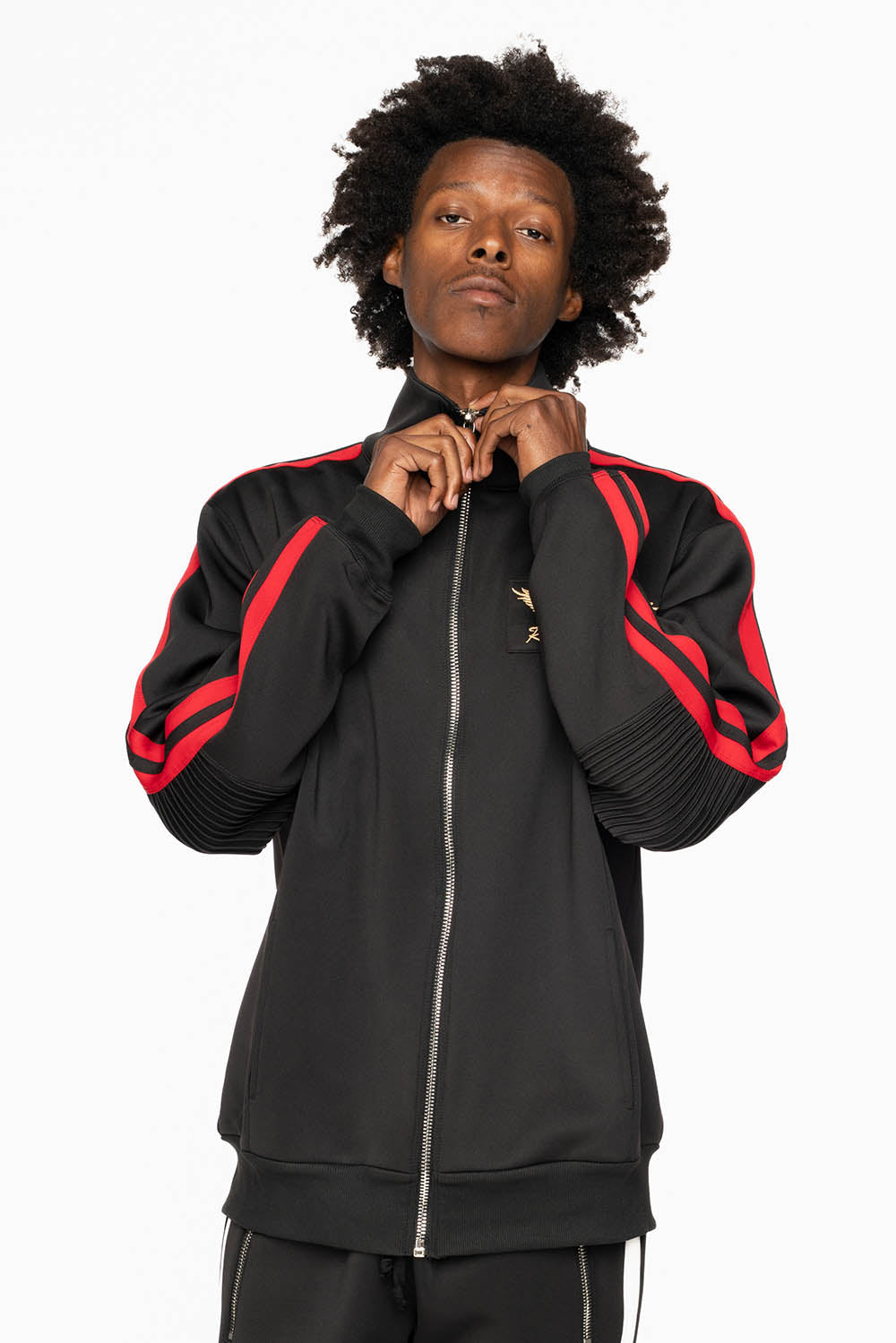 TRACK JACKET IN BLACK WITH RED STRIPE AND GOLD ROBIN’S LOGO EMBROIDERY