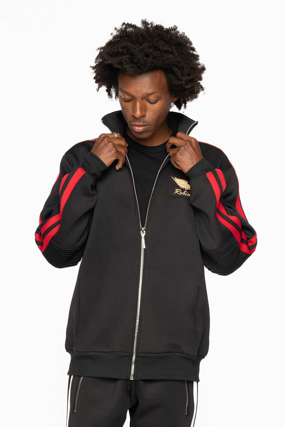 TRACK JACKET IN BLACK WITH RED STRIPE AND GOLD ROBIN’S LOGO EMBROIDERY