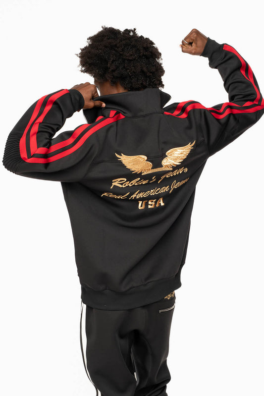 TRACK JACKET IN BLACK WITH RED STRIPE AND GOLD ROBIN’S LOGO EMBROIDERY