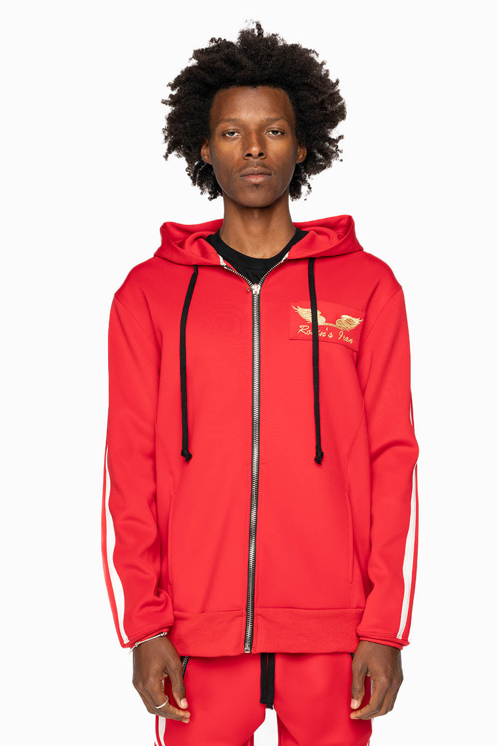 HOODED TRACK JACKET IN RED WITH WHITE STRIPE