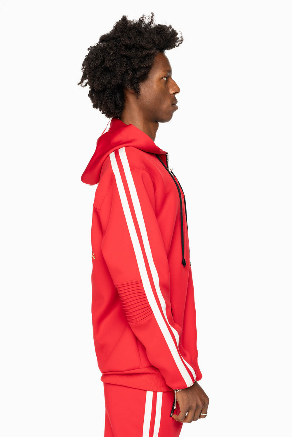 HOODED TRACK JACKET IN RED WITH WHITE STRIPE