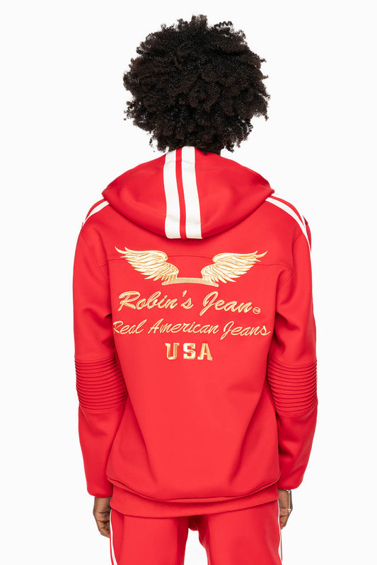 HOODED TRACK JACKET IN RED WITH WHITE STRIPE