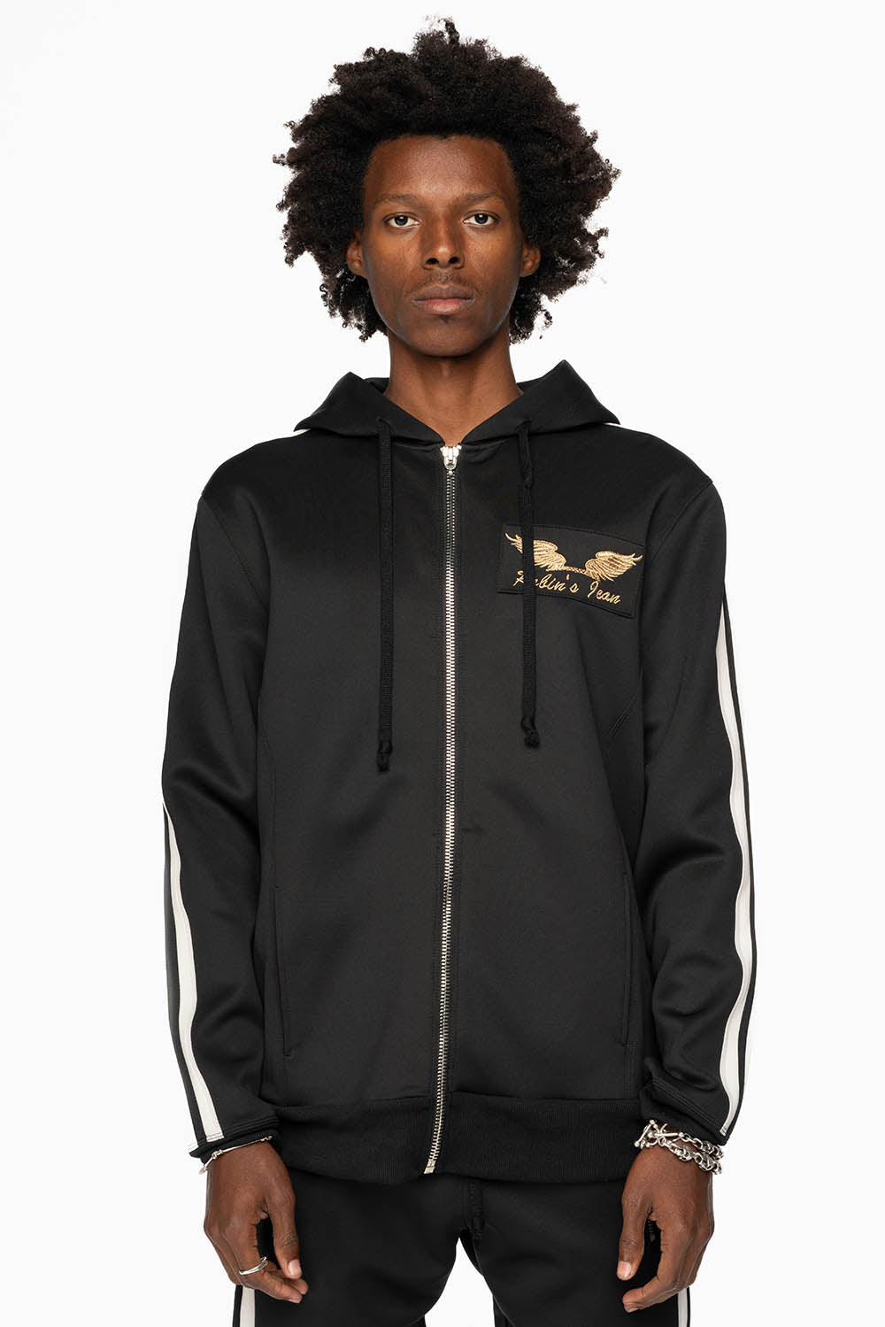 HOODED TRACK JACKET IN BLACK WITH WHITE STRIPE