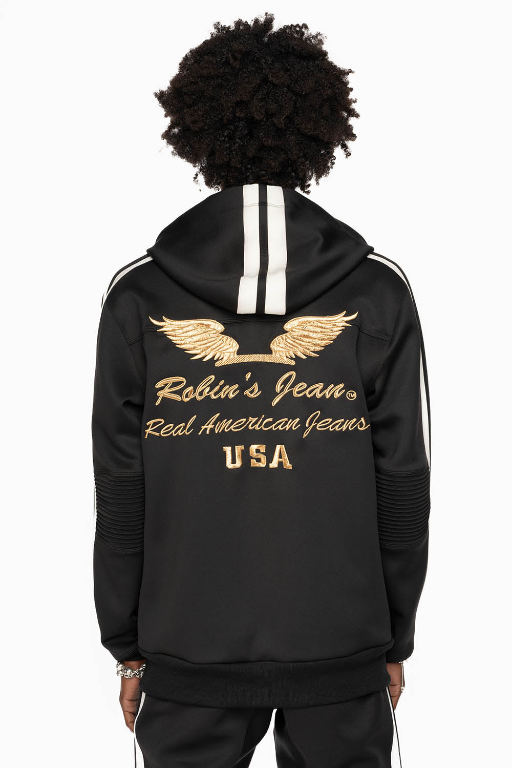 HOODED TRACK JACKET IN BLACK WITH WHITE STRIPE
