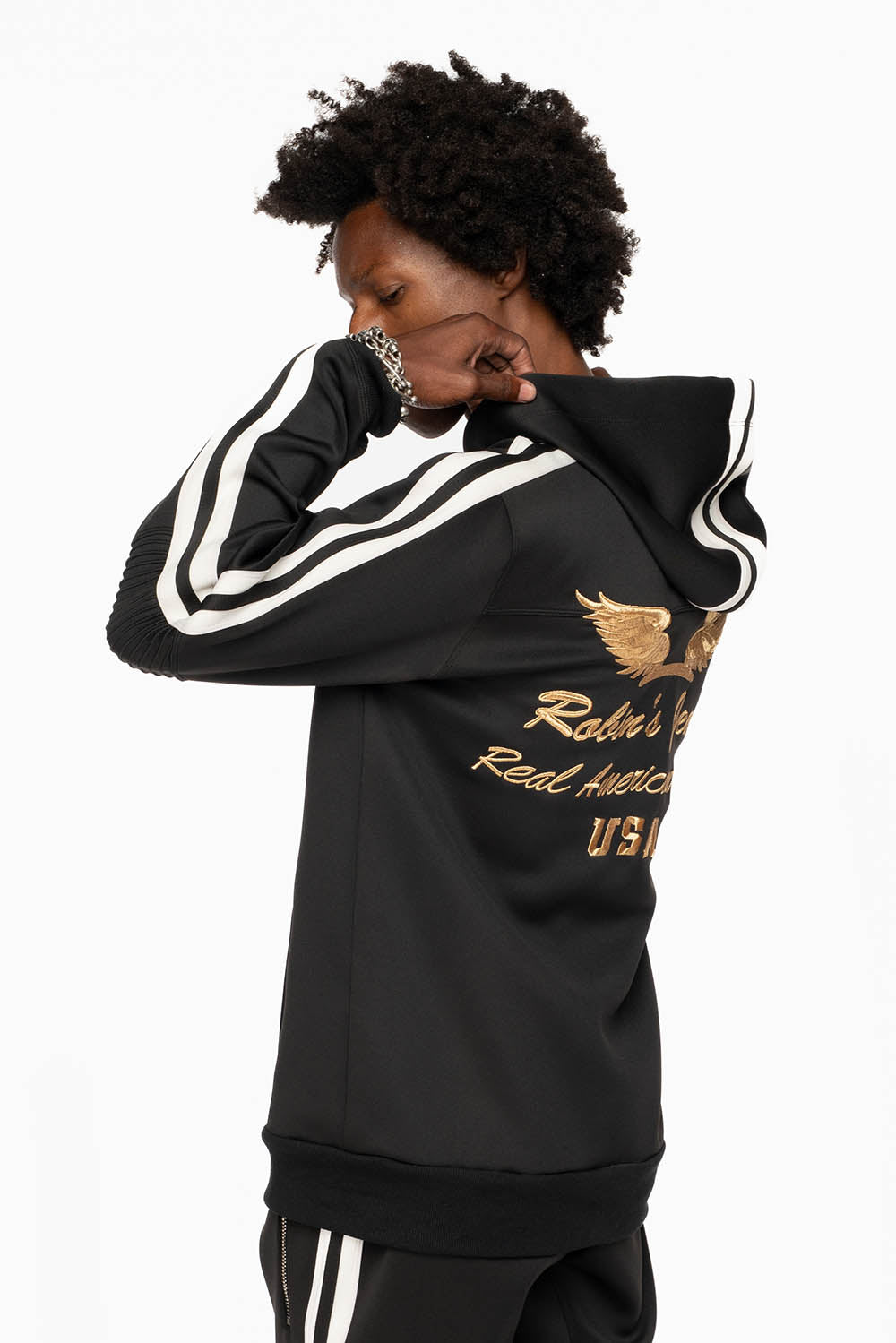 HOODED TRACK JACKET IN BLACK WITH WHITE STRIPE