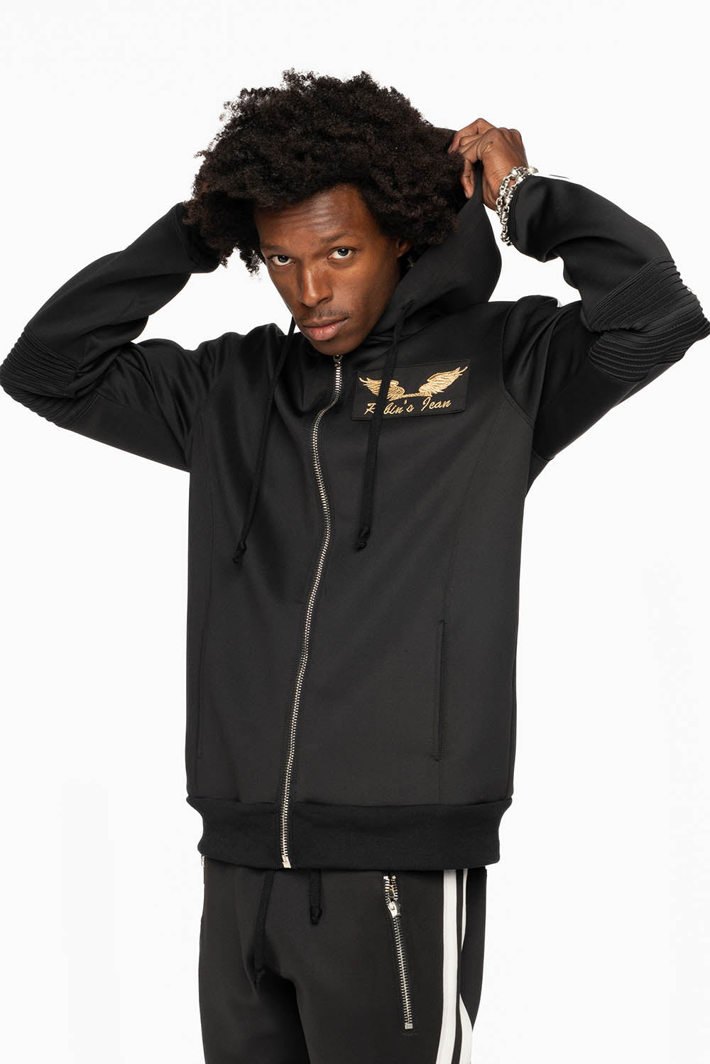 HOODED TRACK JACKET IN BLACK WITH WHITE STRIPE