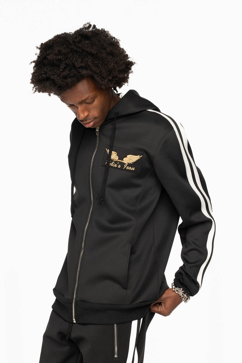 HOODED TRACK JACKET IN BLACK WITH WHITE STRIPE