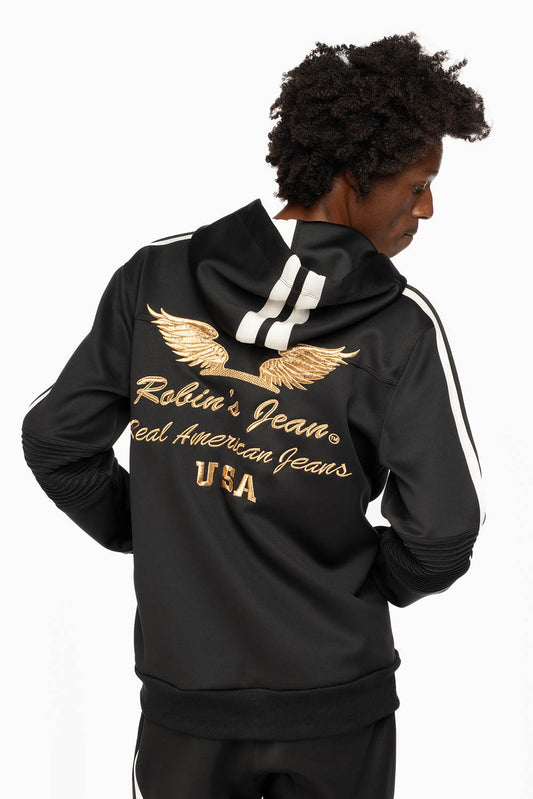 HOODED TRACK JACKET IN BLACK WITH WHITE STRIPE