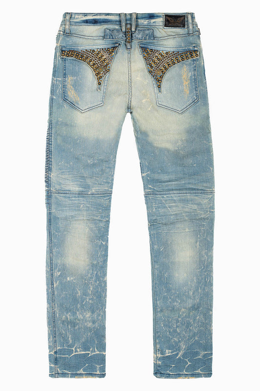 MENS BIKER JEANS WITH FLAP IN BLUE 4D LIGHT BROKEN WASH WITH STUDS AND CRYSTALS