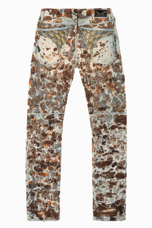 MENS BIKER JEANS WITH FLAP IN DESERT RAOUL BROKEN REPAIRED WASH WITH  CRYSTALS