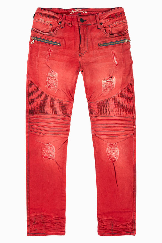 MENS BIKER JEANS  F-UP RED WASH