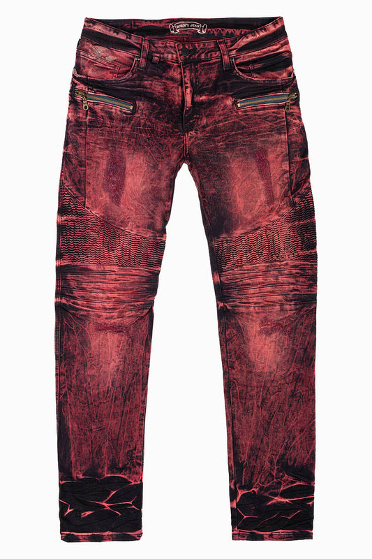 MENS BIKER JEANS RED/BLK YANKEE WASH
