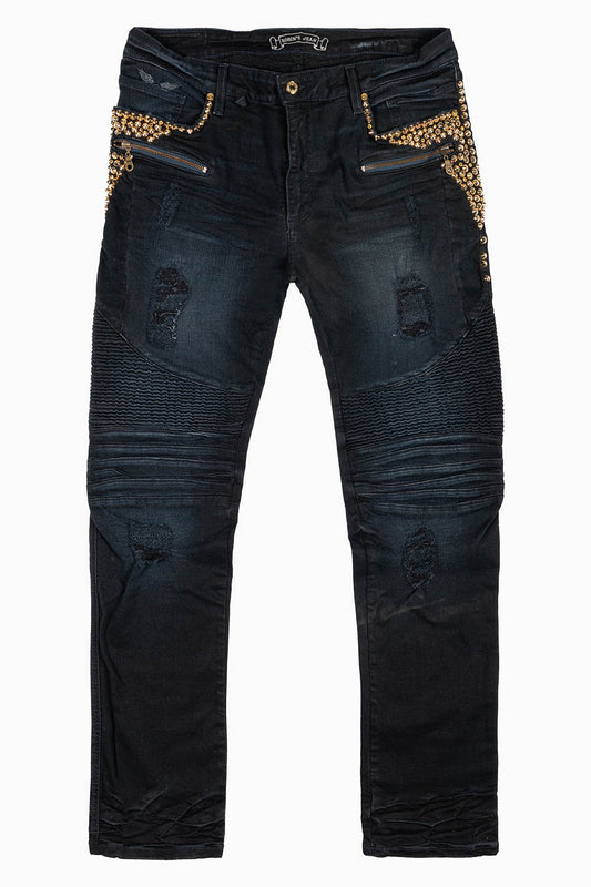 MENS BIKER JEANS IN F-UP BLACK WASH EMBELLISHED WITH GOLD NAILHEADS AND AURUM CRYSTALS