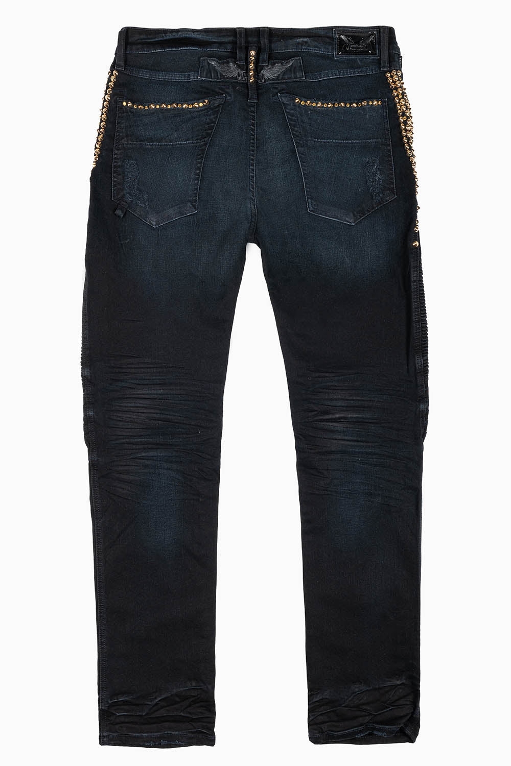 MENS BIKER JEANS IN F-UP BLACK WASH EMBELLISHED WITH GOLD NAILHEADS AND AURUM CRYSTALS