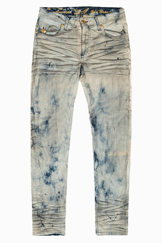 KILLER FLAP MENS SKINNY JEANS IN FROZEN  WASH WITH GOLD WING EMBROIDERY