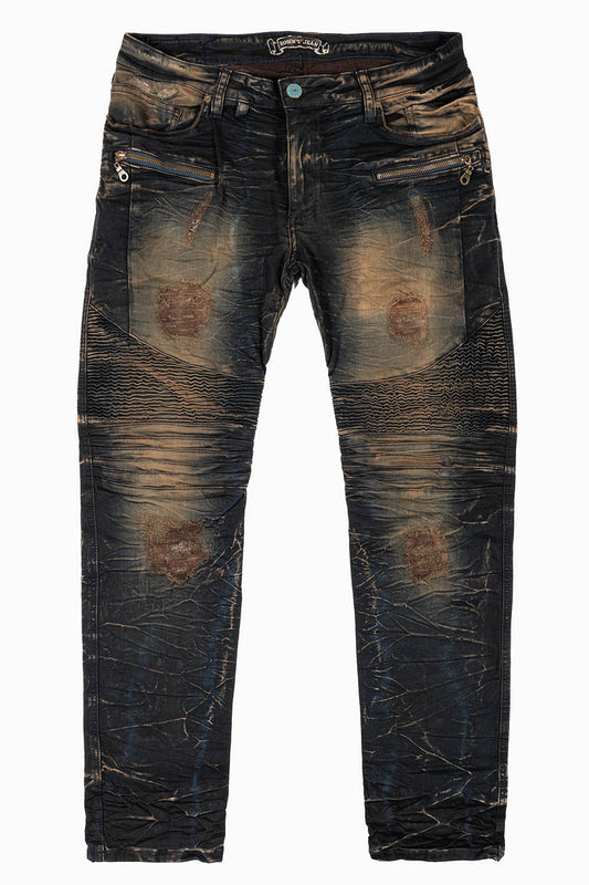 MENS BIKER JEANS IN OXIDO BROKEN BACKING WASH