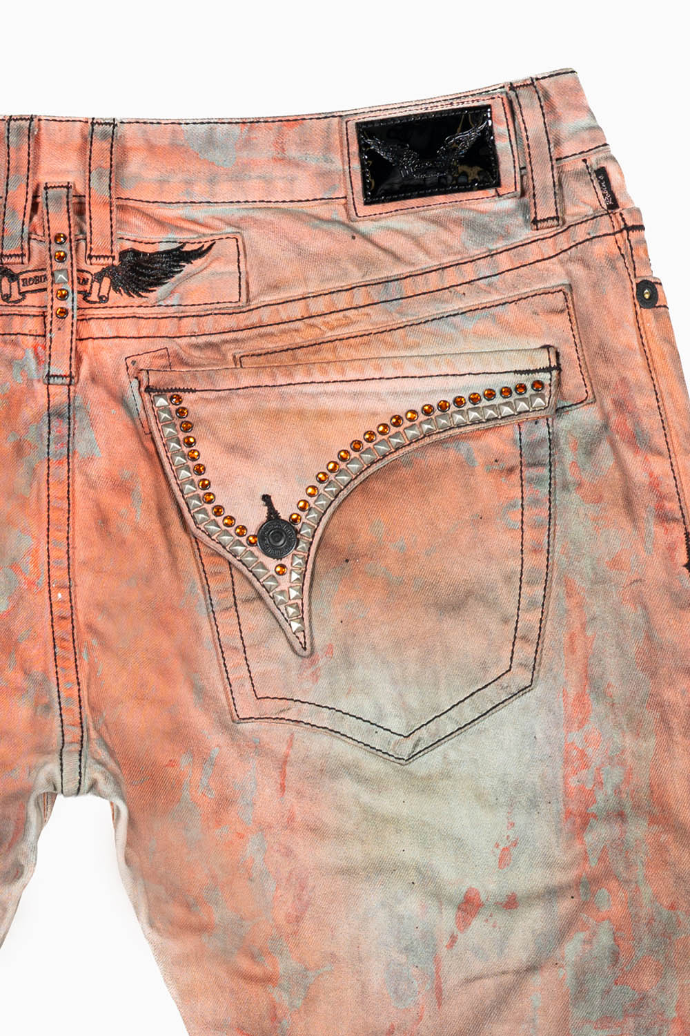MENS LONG FLAP SLIM JEANS WITH CRYSTALS IN VINTAGE MEDELLIN  ORANGE/BROWN WASH