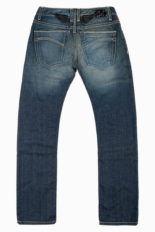 MENS CLASSIC STRAIGHT LEG JEAN IN BLUE 3D DARK WASH WITH  CLEAR CRYSTALS