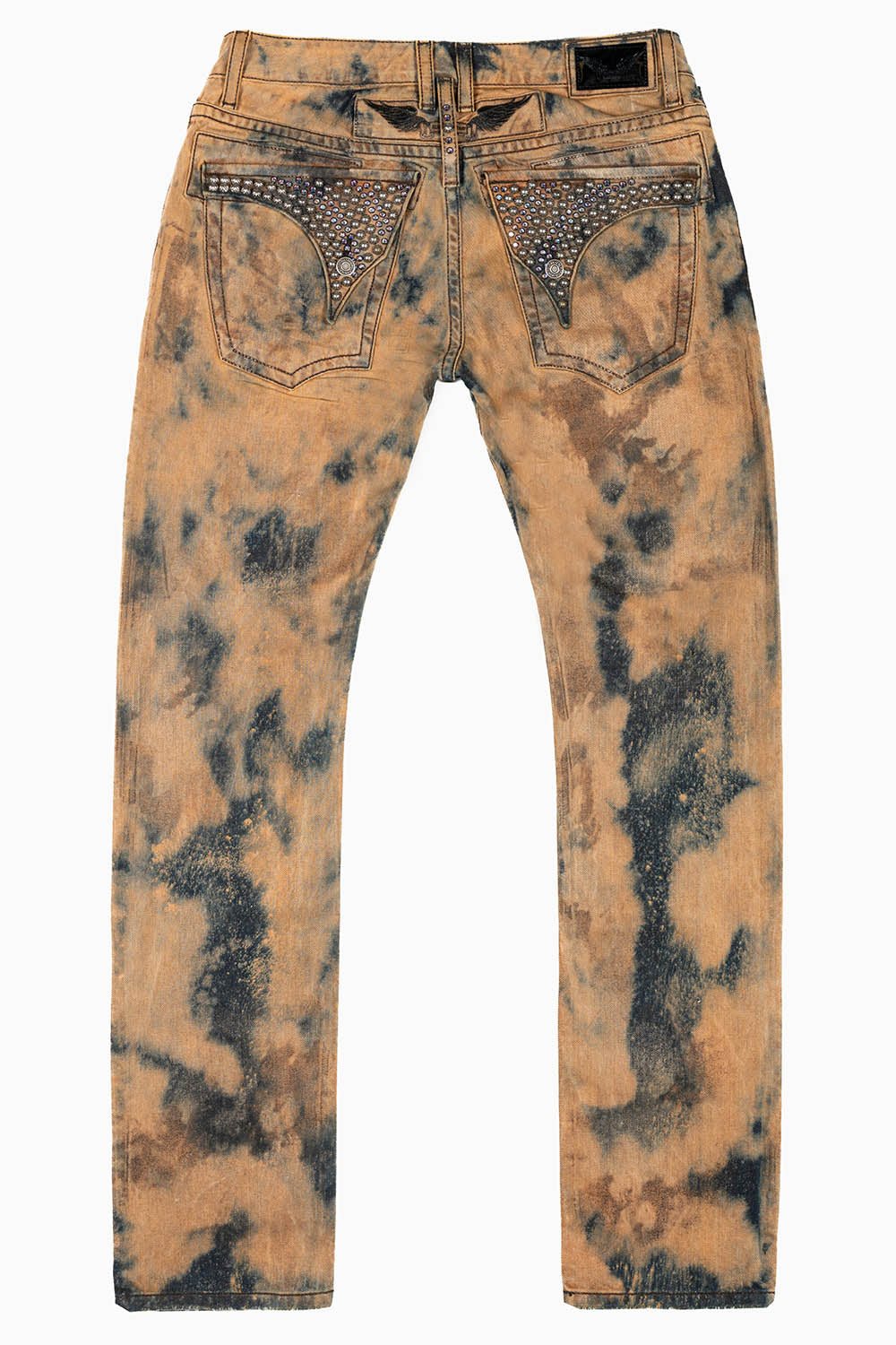 MENS LONG FLAP SLIM JEANS WITH CRYSTALS IN ILLUSION INDIGO BRONZE WASH