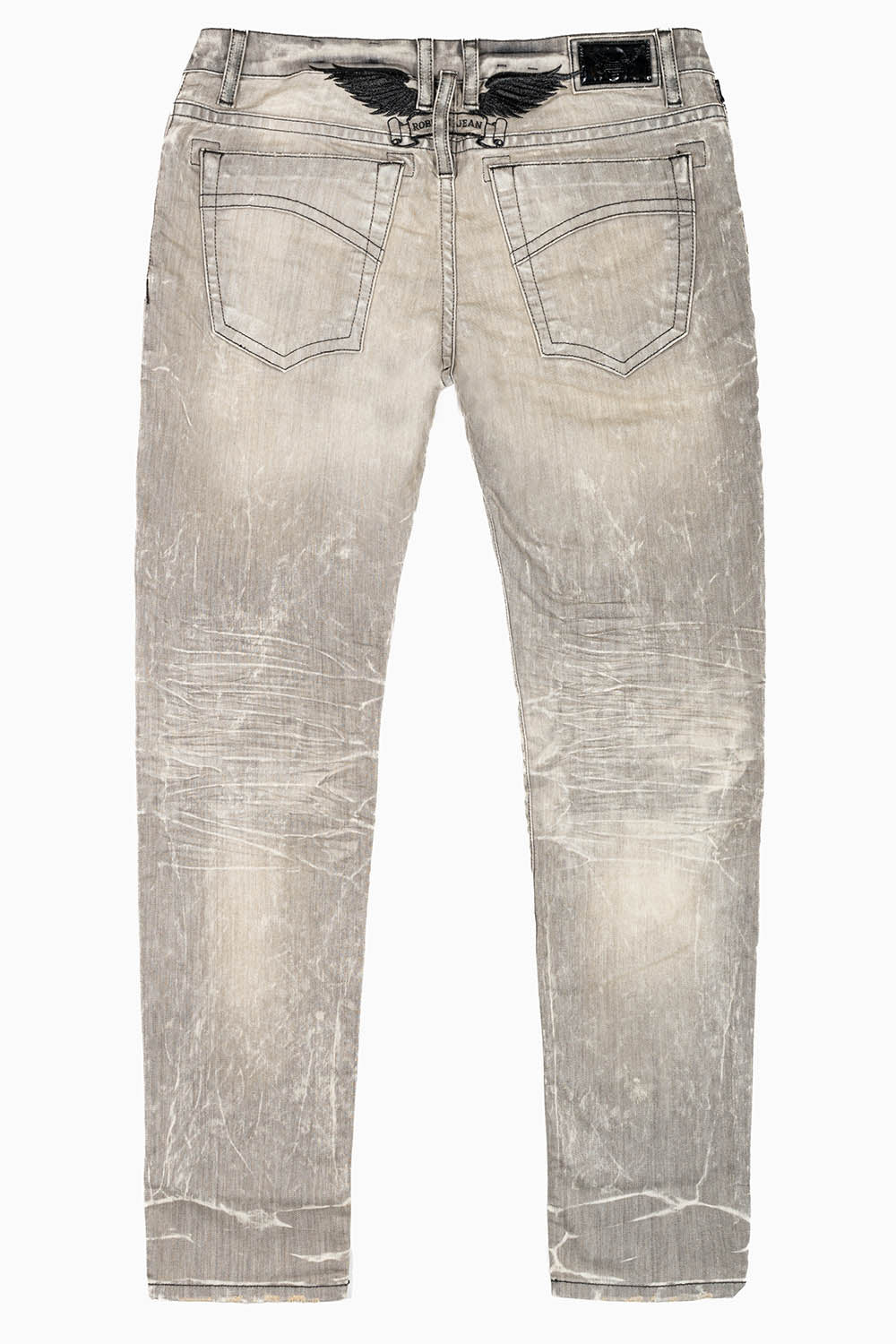 MENS SKINNY JEANS IN  GRAY 4D LIGHT WASH WITH BLK WING EMBROIDERY