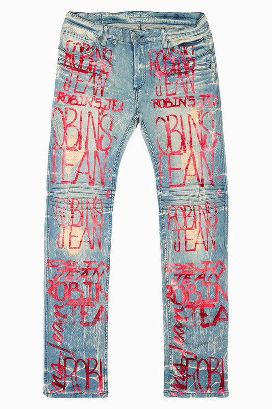 MOTO BIKER MEN'S SLIM STRAIGHT LEG JEANS IN 4D LIGHT BROKEN REPAIRED WASH WITH RED GRAFFITI LOGO
