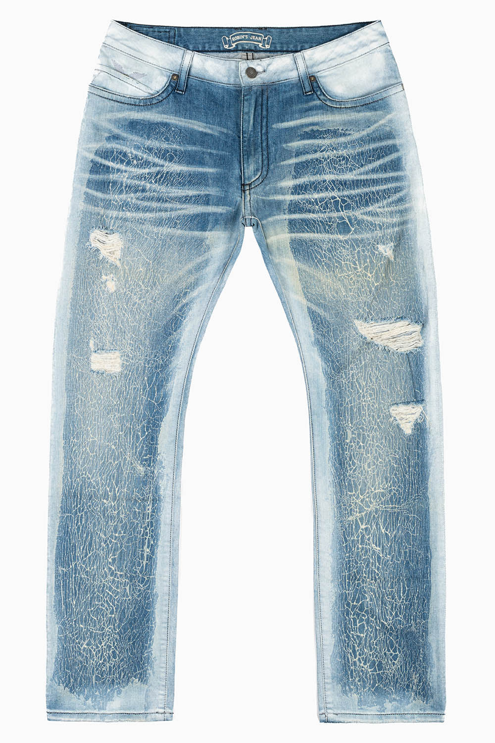 MENS LONG FLAP SLIM JEANS IN BLUE MARTIN  WASH EMBELLISHED WITH STUDS & CRYSTALS