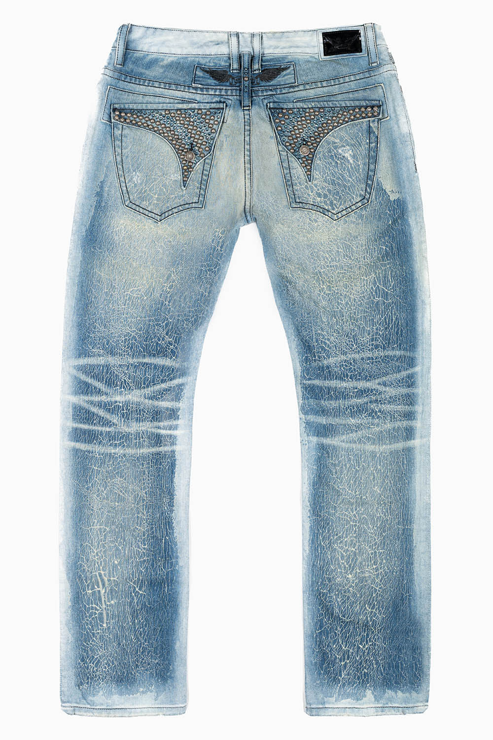 MENS LONG FLAP SLIM JEANS IN BLUE MARTIN  WASH EMBELLISHED WITH STUDS & CRYSTALS
