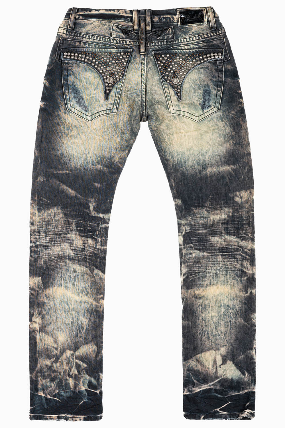 MENS LONG FLAP SLIM JEANS IN INDIGO NAIL WASH EMBELLISHED WITH STUDS & CRYSTALS