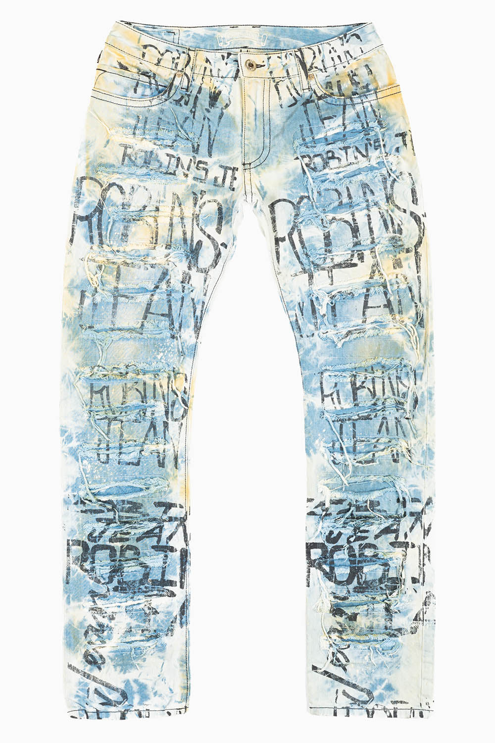 MENS LONG FLAP SLIM RIPPED JEANS IN MILAN WASH WITH  GRAFFITI LOGO EMBELLISHED WITH STUDS & CRYSTALS