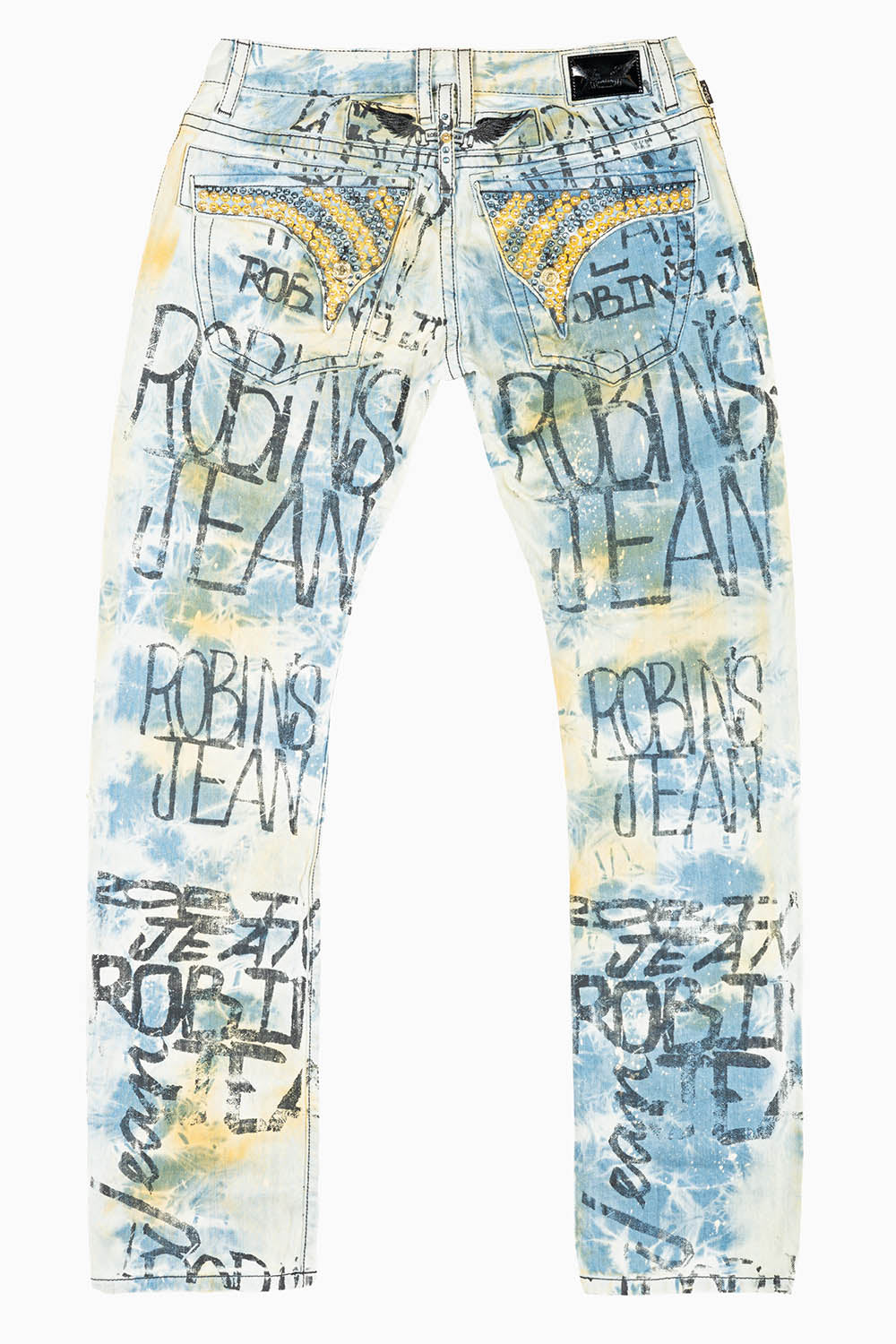 MENS LONG FLAP SLIM RIPPED JEANS IN MILAN WASH WITH  GRAFFITI LOGO EMBELLISHED WITH STUDS & CRYSTALS