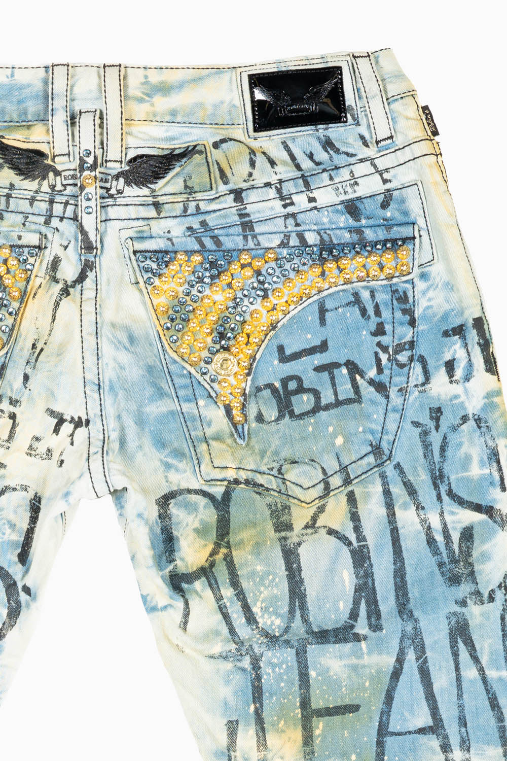 MENS LONG FLAP SLIM RIPPED JEANS IN MILAN WASH WITH  GRAFFITI LOGO EMBELLISHED WITH STUDS & CRYSTALS