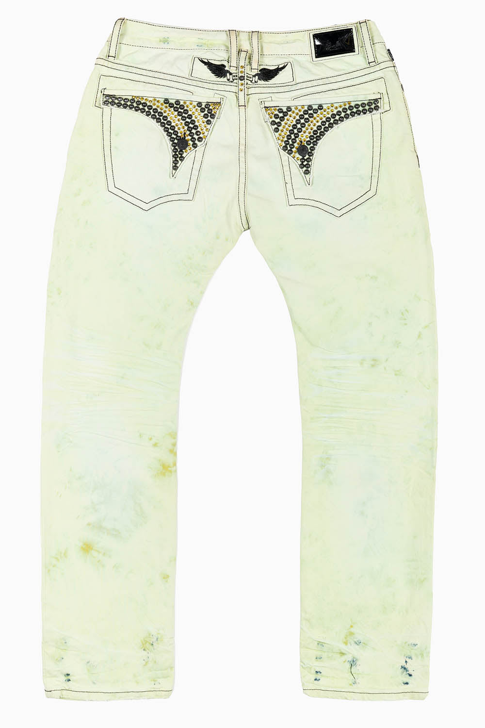 MENS LONG FLAP SLIM JEANS IN  KEY LIME DESTROY WASH EMBELLISHED WITH STUDS & CRYSTALS