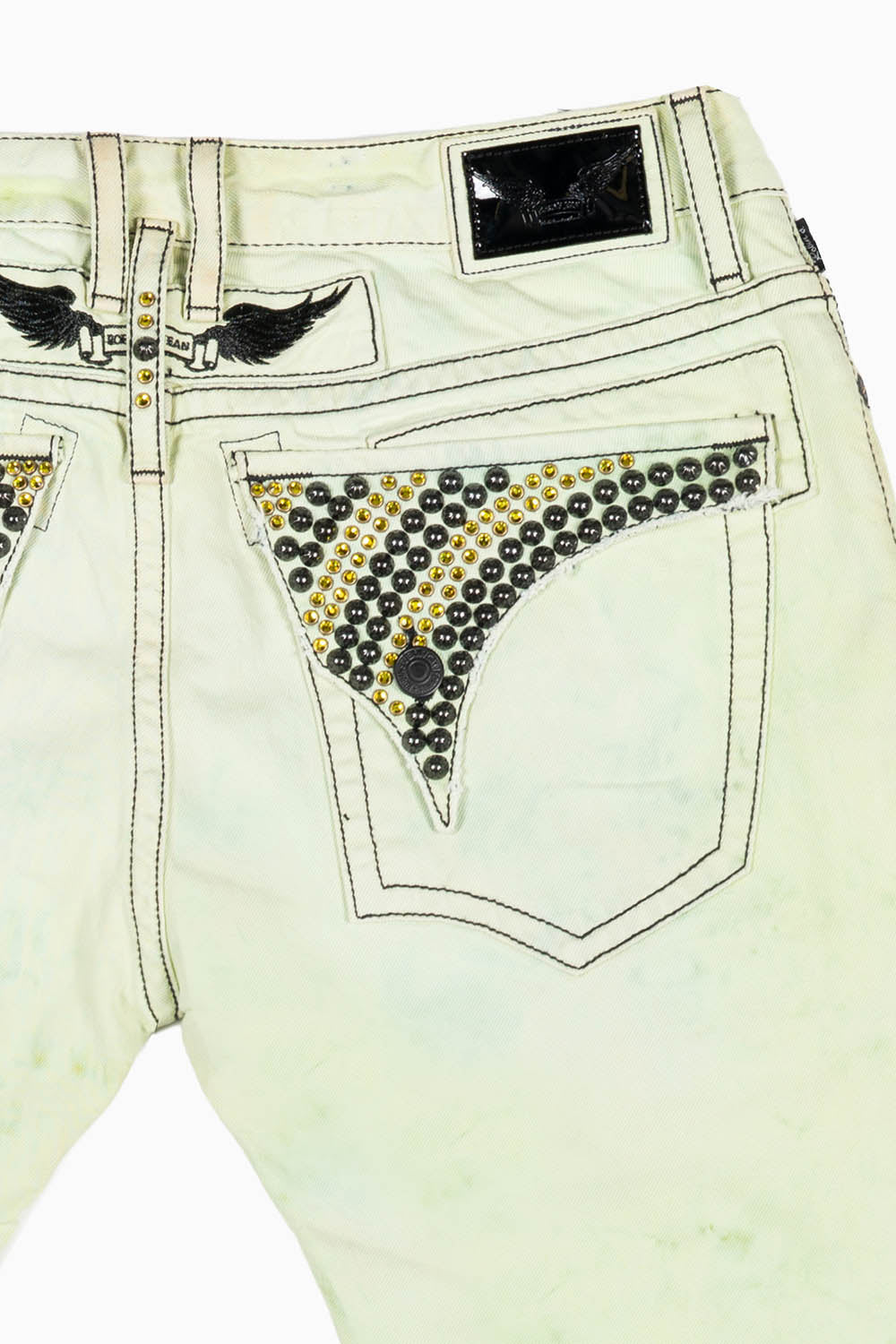 MENS LONG FLAP SLIM JEANS IN  KEY LIME DESTROY WASH EMBELLISHED WITH STUDS & CRYSTALS