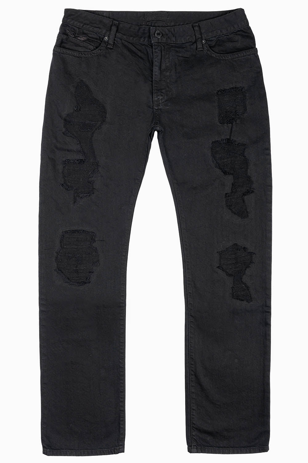 MENS LONG FLAP SLIM JEANS WITH STUDS & CRYSTALS IN BLACK  BROKEN REPAIRED DNM